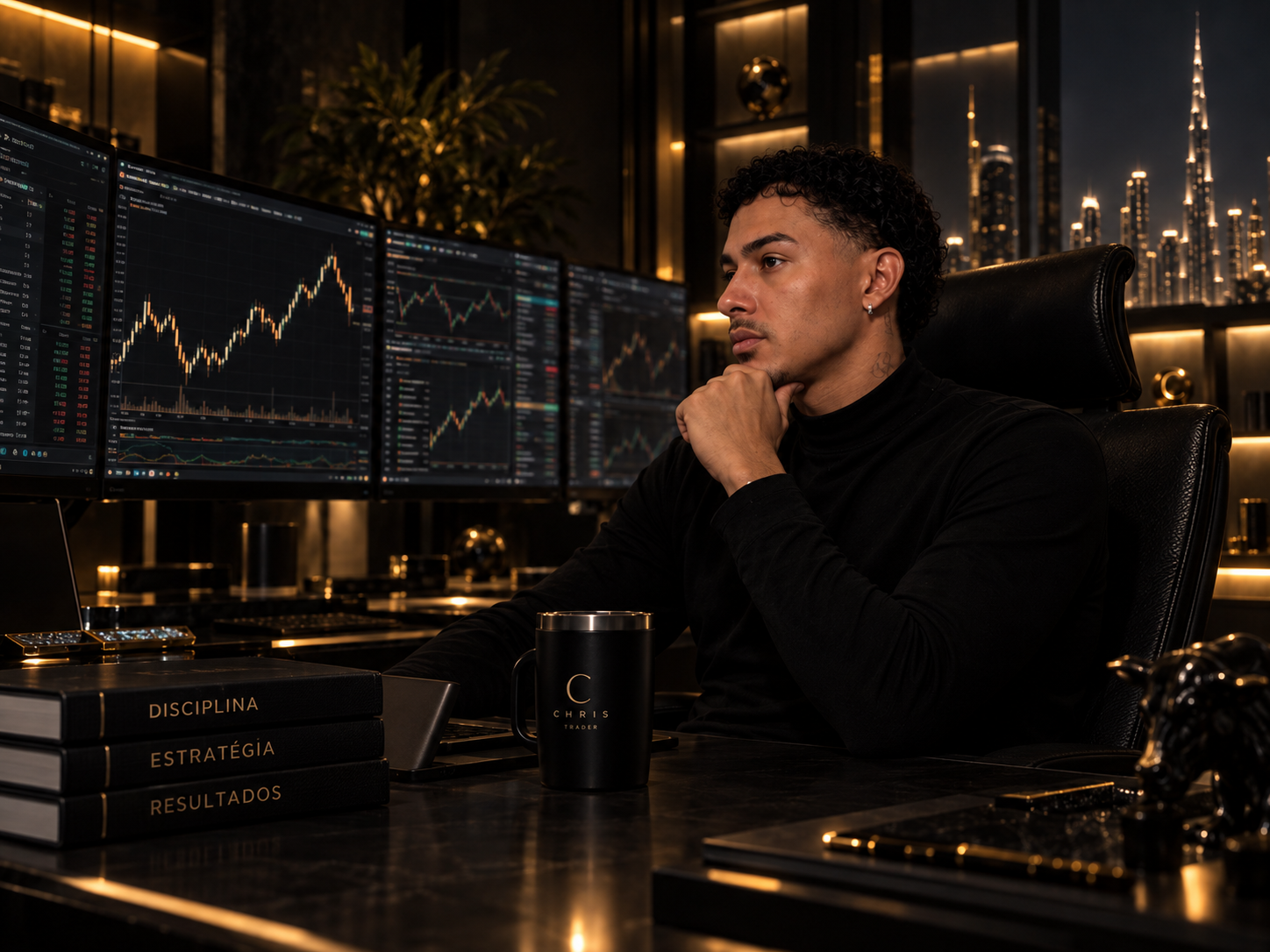 Chris Trader em escritório com monitores de trading
